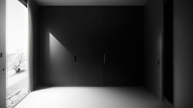 Une pièce sombre avec une lumière qui brille sur la porte.