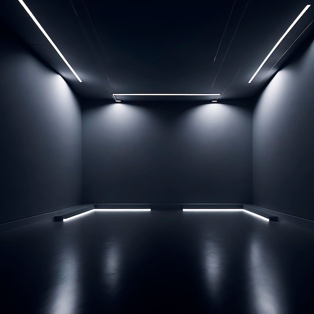 Une pièce sombre avec des lumières sur le mur et un sol noir.