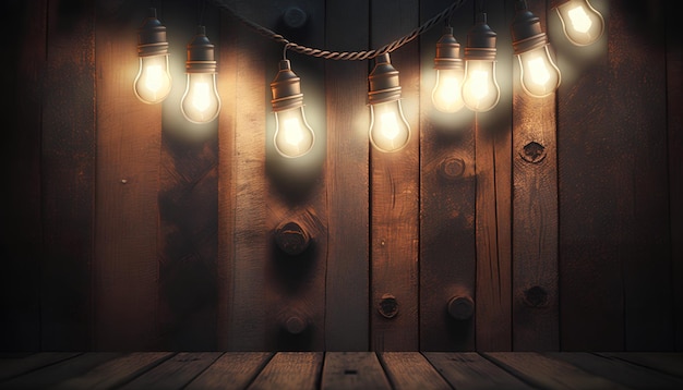 Une pièce sombre avec des lumières sur le mur et une table en bois avec une rangée d'ampoules allumées