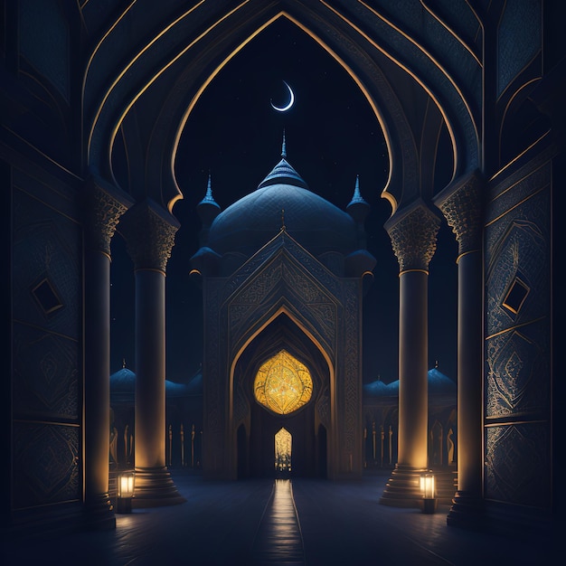 Une pièce sombre avec une mosquée et une lune sur le mur.