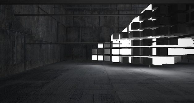 Une pièce sombre avec un mur en béton et une lumière provenant de la fenêtre.