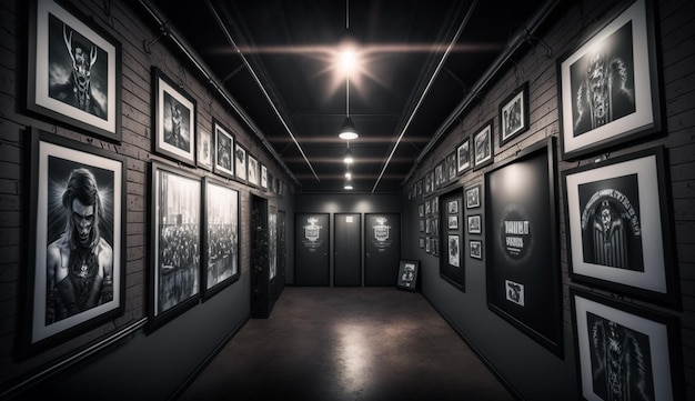 Une pièce sombre avec un mur de photos encadrées des champions du jeu.