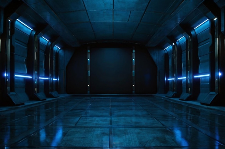 Photo une pièce sombre avec un mur sombre et une lumière bleue sur le sol