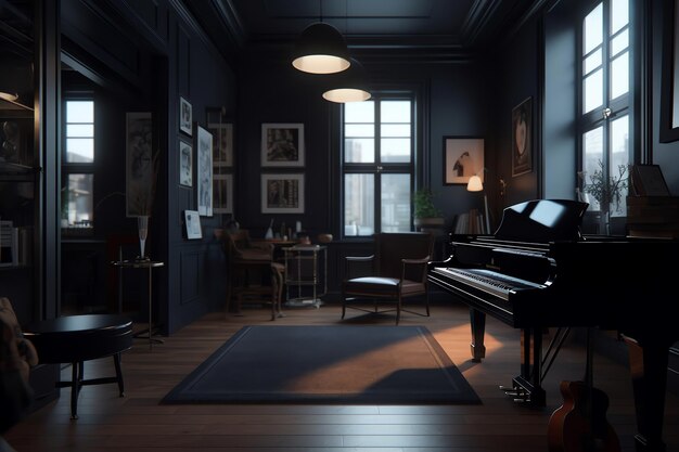 Une pièce sombre avec un piano et une lampe au mur.