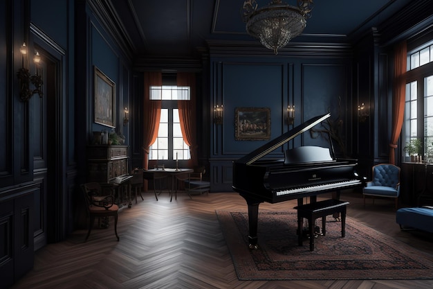 Une pièce sombre avec un piano à queue dans le coin.