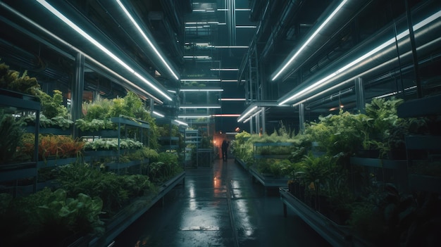 Une pièce sombre avec une plante verte au milieu et un homme marchant dans l'allée.