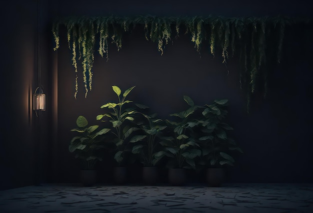 Une pièce sombre avec des plantes et un fond sombre.