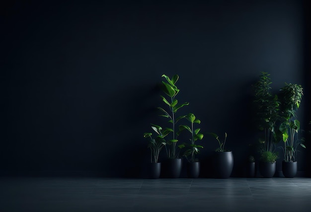 Une pièce sombre avec des plantes en pots et une lumière sur le mur