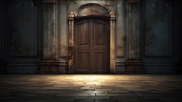 Une pièce sombre avec une porte en bois et une lumière au sol.