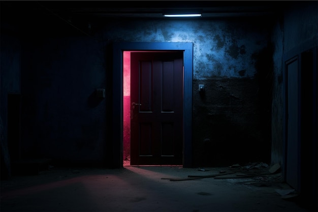 Une pièce sombre avec une porte et une lumière rouge et bleue