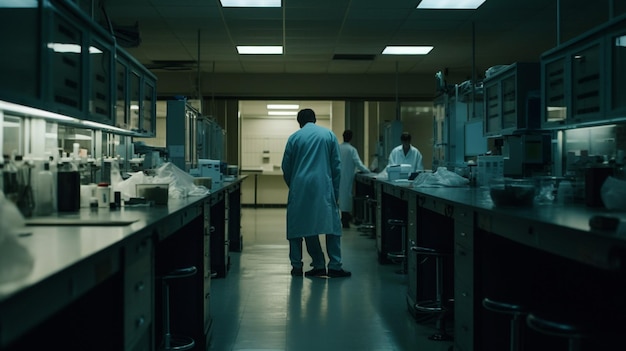 Photo une pièce sombre avec quelques personnes en blouse blanche et une blouse de laboratoire avec les mots 