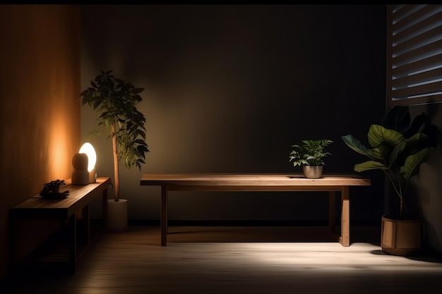 Une pièce sombre avec une table et une lampe