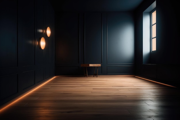 Une pièce sombre avec une table et des lumières sur le mur