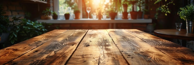 Photo une pièce avec une table en bois et un canapé.