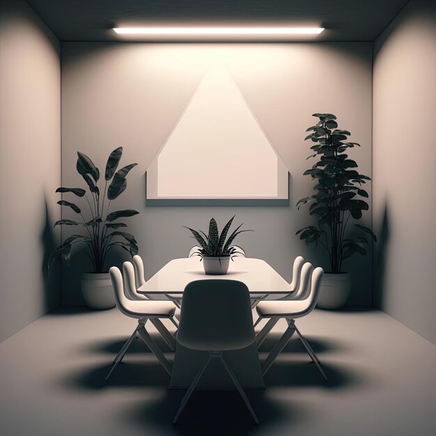 Une pièce avec une table et des chaises et une plante dans le coin.