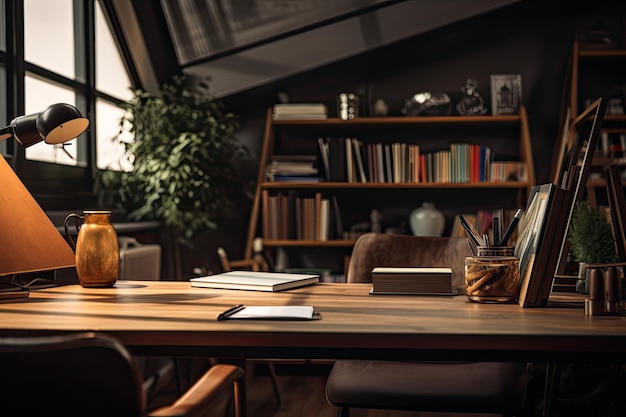 Une pièce avec une table et une étagère avec des livres dessus