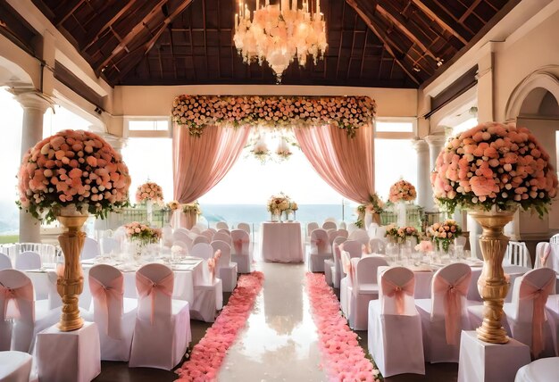 une pièce avec une table avec des fleurs et un lustre