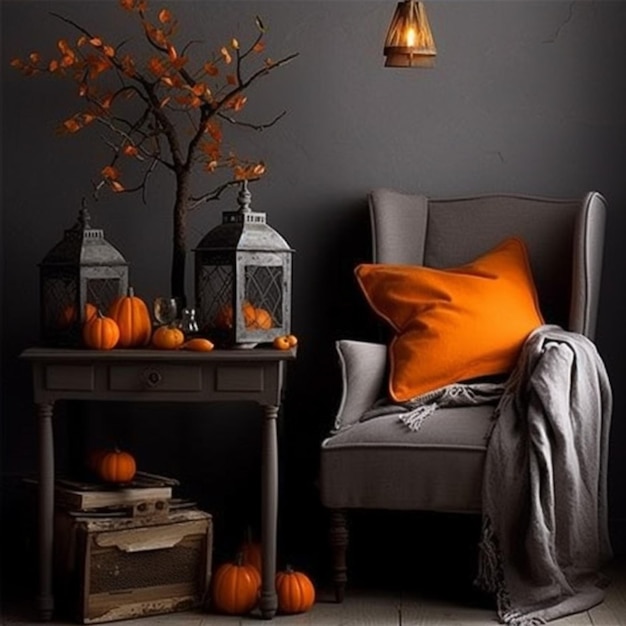 Une pièce avec une table avec un oreiller orange et une lampe avec un bouquet de feuilles d'oranger dessus.