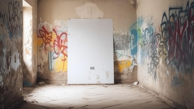 Une pièce avec un tableau blanc dans le coin et des graffitis sur le mur.