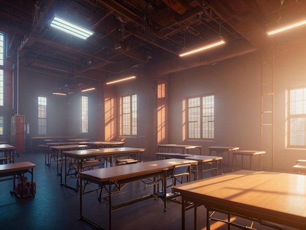 Une pièce avec des tables et des chaises dans une pièce sombre avec le soleil qui brille au plafond