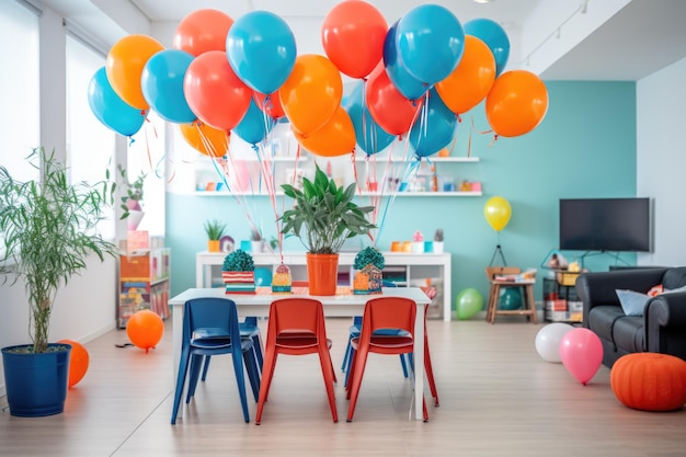 Une pièce avec un tas de ballons accrochés au plafond décor de fête d'anniversaire