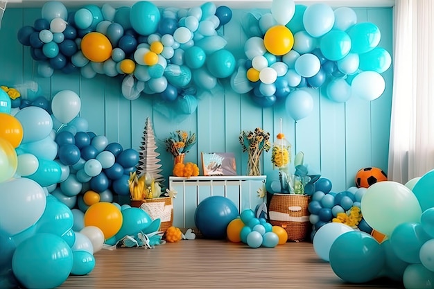 Une pièce avec un tas de ballons et une table avec un vase de fleurs dessus.