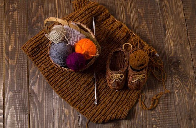 La pièce tricotée et les chaussures tricotées pour enfants sont sur la table avec un panier avec des filets de fils