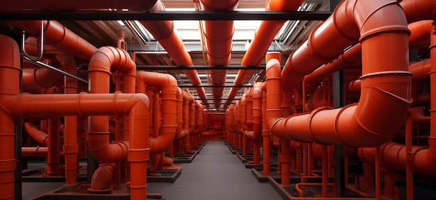 Photo une pièce avec des tuyaux orange et un tuyau rouge avec une ligne de tuyaux oranges