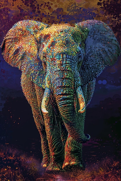 une pièce utilisant une technique de pointillisme numérique pour créer une image d'un éléphant majestueux