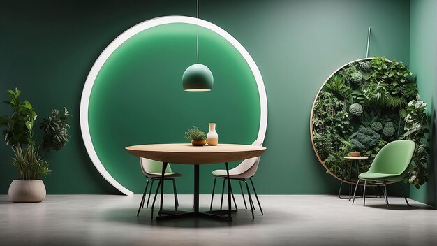 Une pièce verte avec des plantes de luminaires ronds et une table avec une chaise