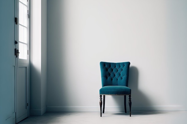 Une pièce vide avec une chaise bleue contre un mur blanc