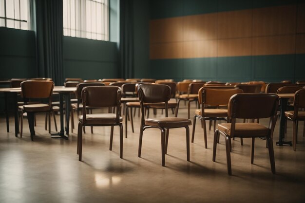 Pièce vide avec chaises et bureaux