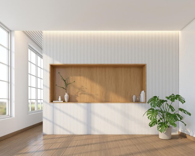 Pièce vide du japon moderne avec étagère en bois et mur de lattes rendu 3d