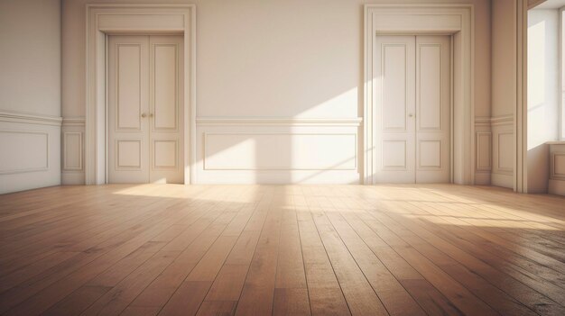 Une pièce vide élégante avec un sol en bois dur avec des panneaux muraux classiques