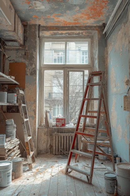 Une pièce vide avec un escalier et un mur peint l'intérieur d'une pièce avec des réparations inachevées