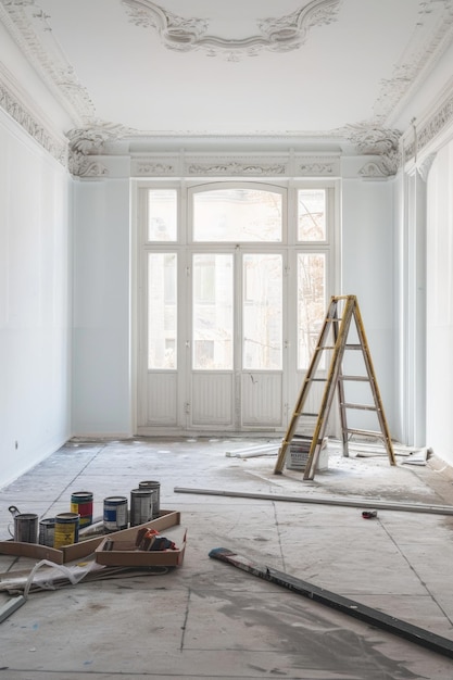 Une pièce vide avec un escalier et un mur peint l'intérieur d'une pièce avec des réparations inachevées