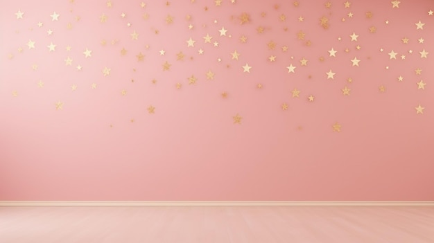 Une pièce vide avec des étoiles dorées sur un mur rose.