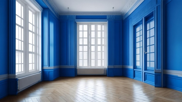 Pièce vide avec la fenêtre et le store de parquet de mur de couleur bleue