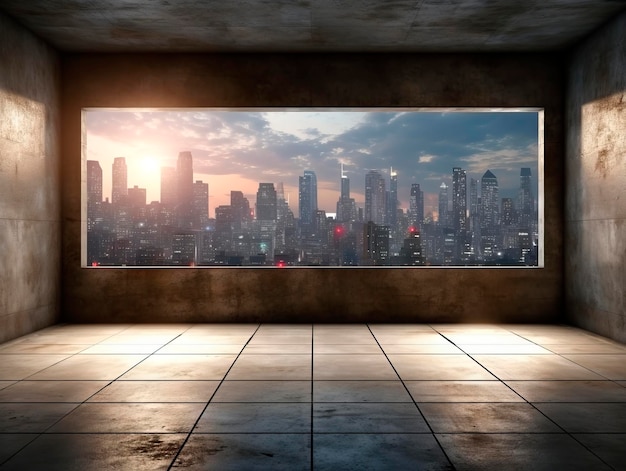 Pièce vide avec fenêtre et vue sur la ville IA générative