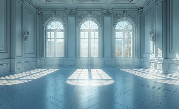Une pièce vide avec des fenêtres blanches 3D rendu lumineux brumeux IA générative
