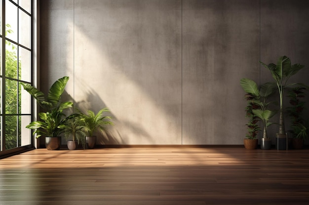 Pièce vide d'un loft contemporain moderne avec des plantes sur parquet