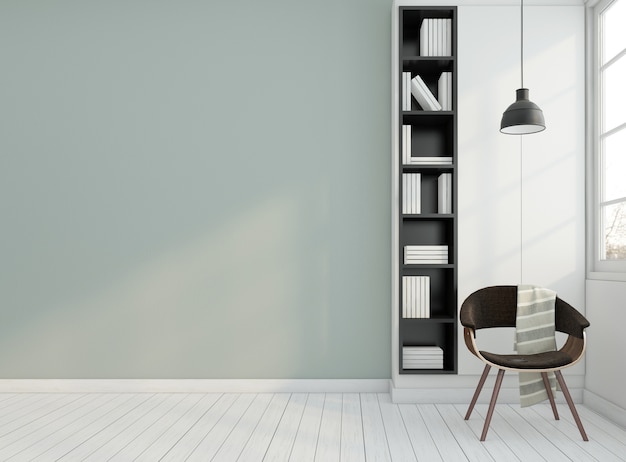 Pièce vide minimale avec fauteuil et étagère à livres