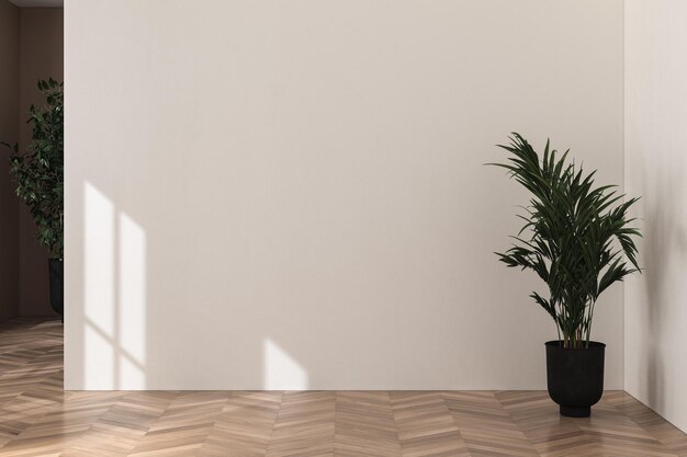 Pièce vide minimaliste avec fond beige et blanc, sol en béton, rayon de soleil, maison confortable, intérieur