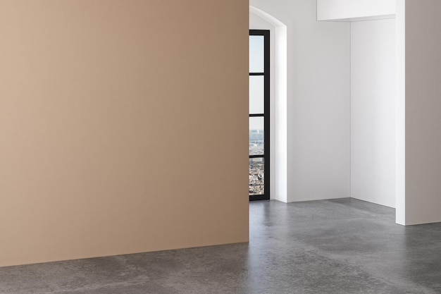 Pièce vide minimaliste avec fond beige et blanc, sol en béton, rayon de soleil, maison confortable, intérieur