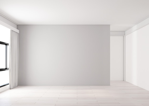 Pièce vide minimaliste avec mur gris et parquet. rendu 3D