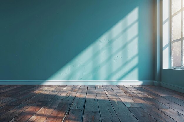 Une pièce vide avec un mur bleu et un sol en bois