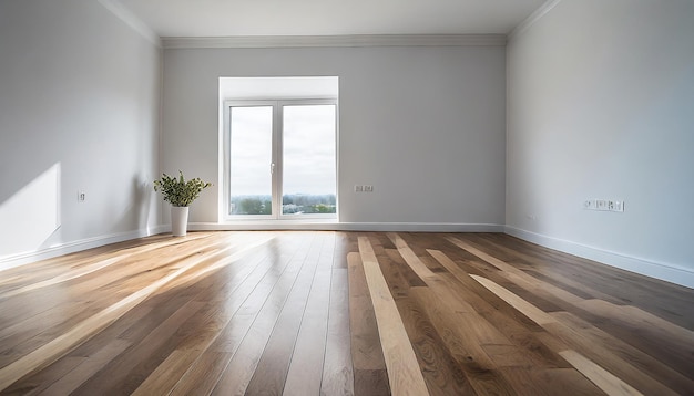 Une pièce vide avec des murs neutres et un parquet idéal pour le rendu