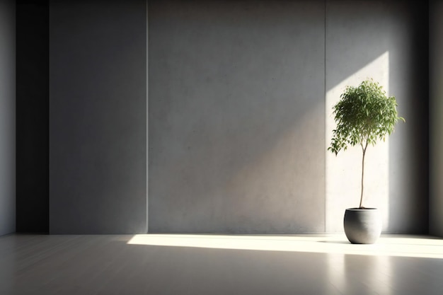 pièce vide sombre avec plante en pot sur fond de mur en béton et de plancher en bois, rendu 3d en mini