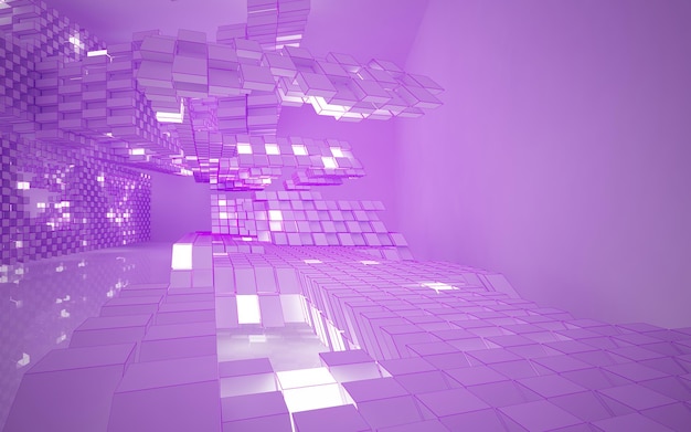 Une pièce violette avec un mur qui contient beaucoup de cubes