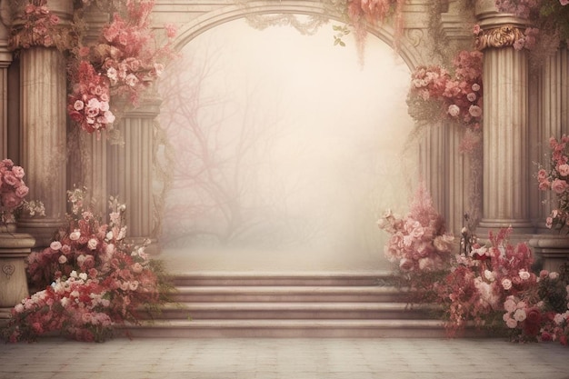 une pièce avec vue sur la pièce avec des fleurs et une arche rose.